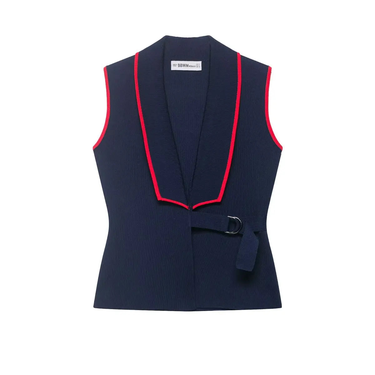 Front view of navy knit vest with red contrast piping, wrap design and buckle belt detail