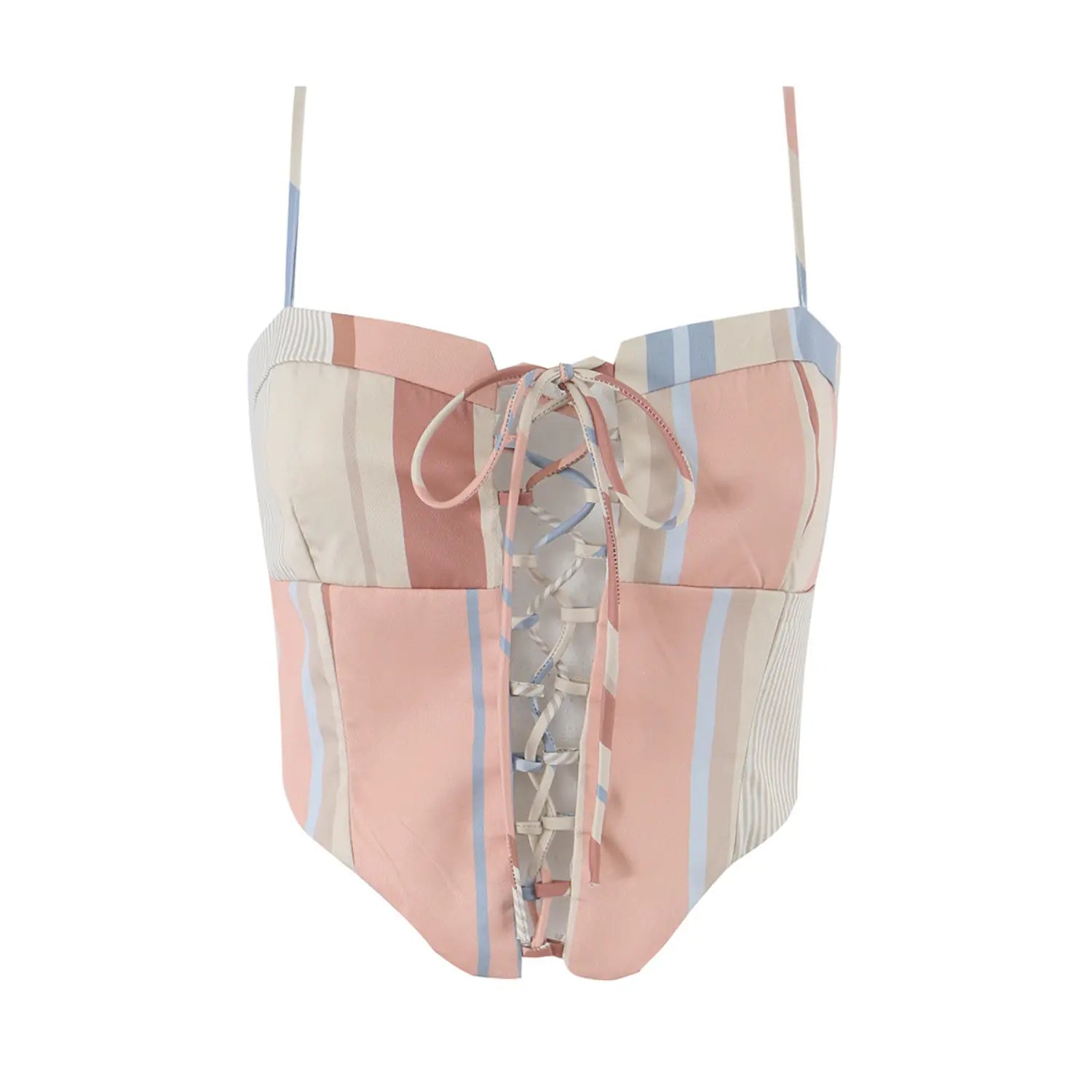 Flat front product shot of neutral beige pink blue striped corset cami, front multi-color ribbon lace-up bow tie, segmented bust corset panels