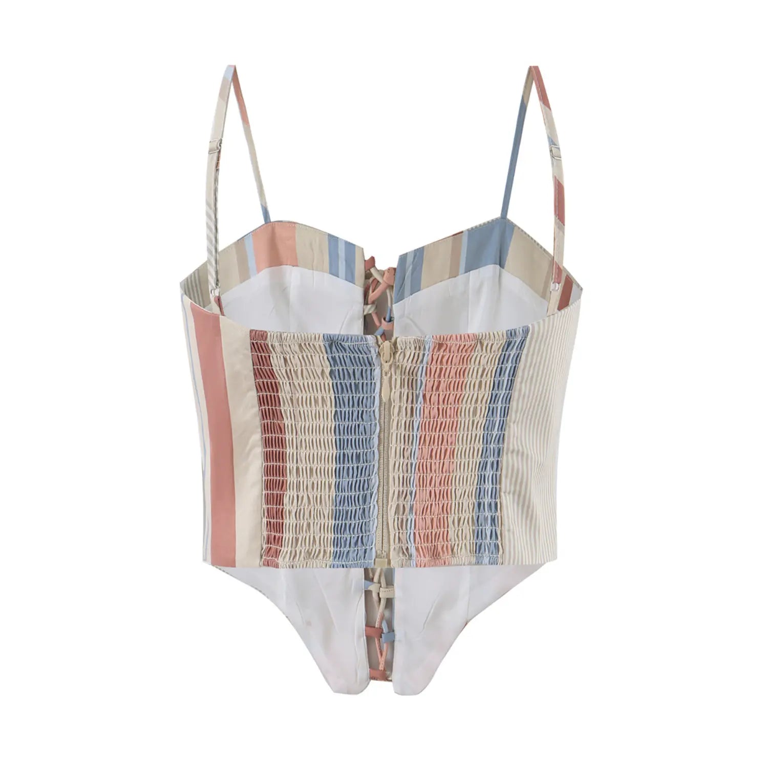 Full back flat lay view of muted pastel striped corset cami, full elastic smocked back panel, center invisible zipper and bottom lace-up cutout