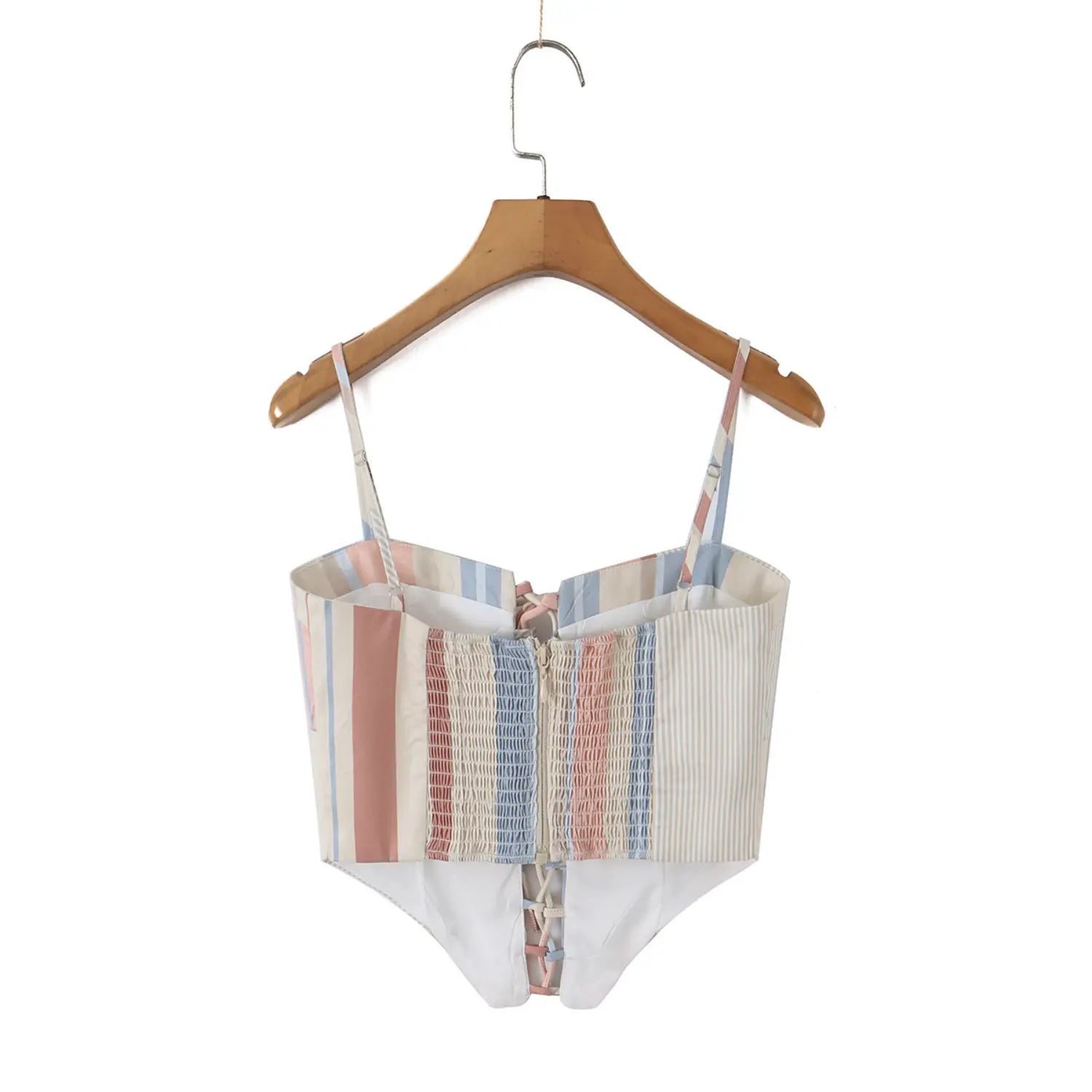Hanging back detail photo of muted striped corset cami, stretch smocked back fabric and full inner lining display