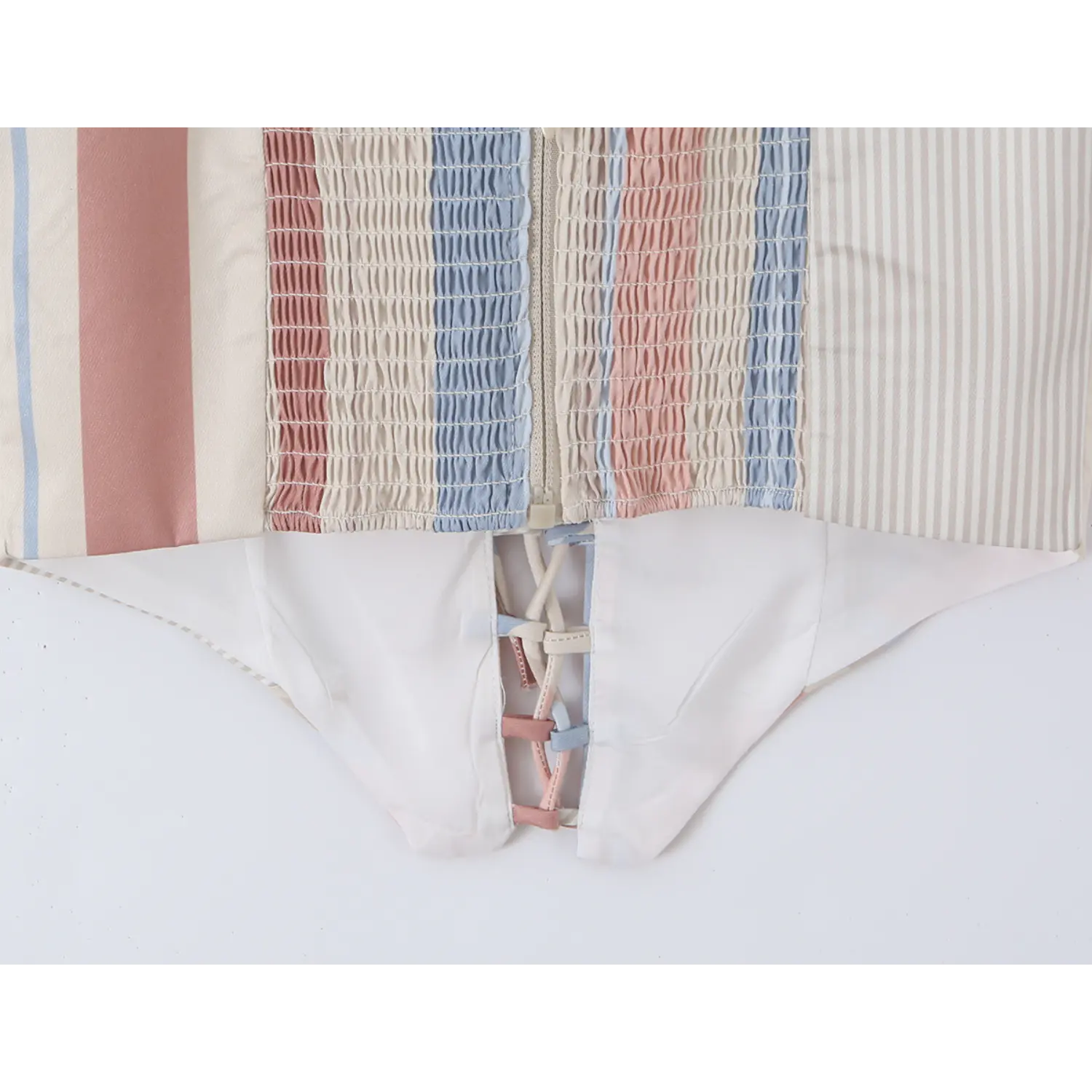 Full back elastic shirring texture shot, mixed width pastel vertical stripe woven fabric