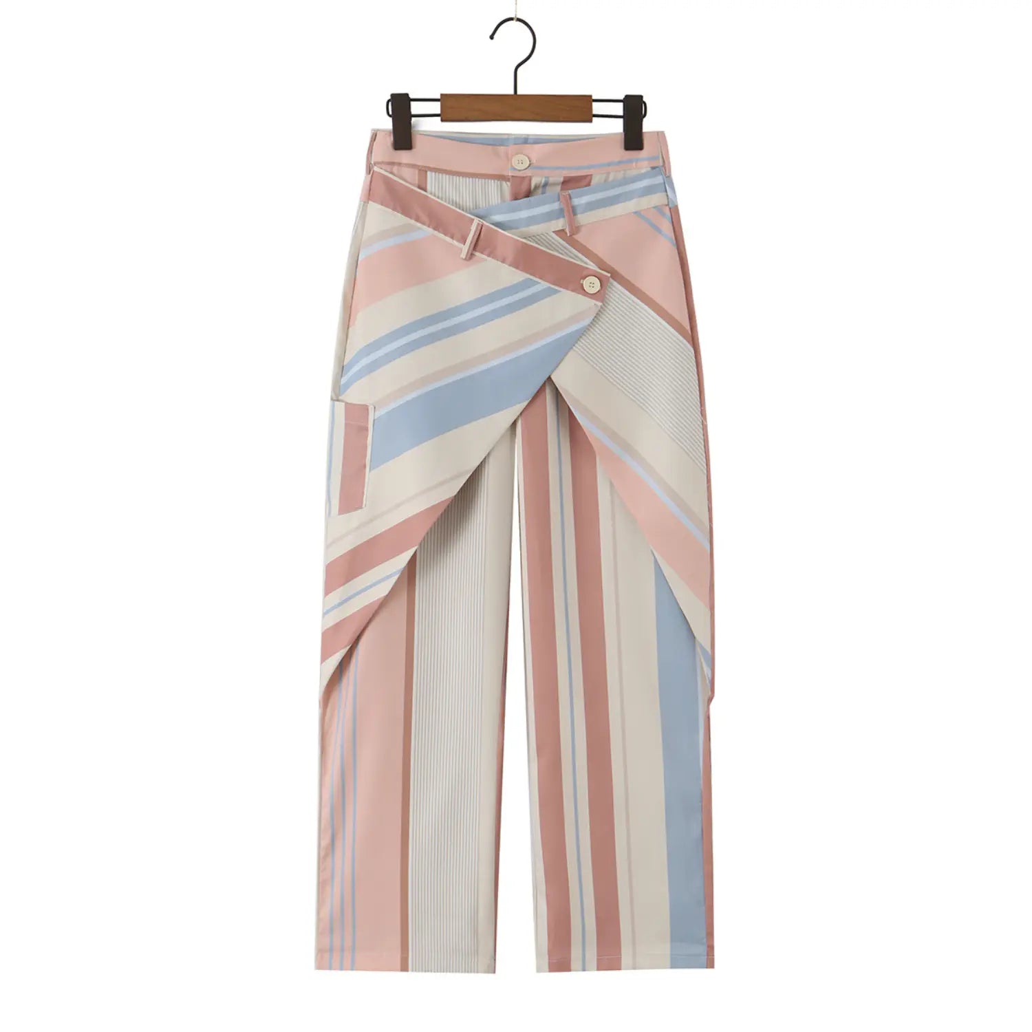  Hanging front real shot of wrap overlay striped wide leg trousers on wooden clip hanger, full wrap waist and loose straight leg silhouette
