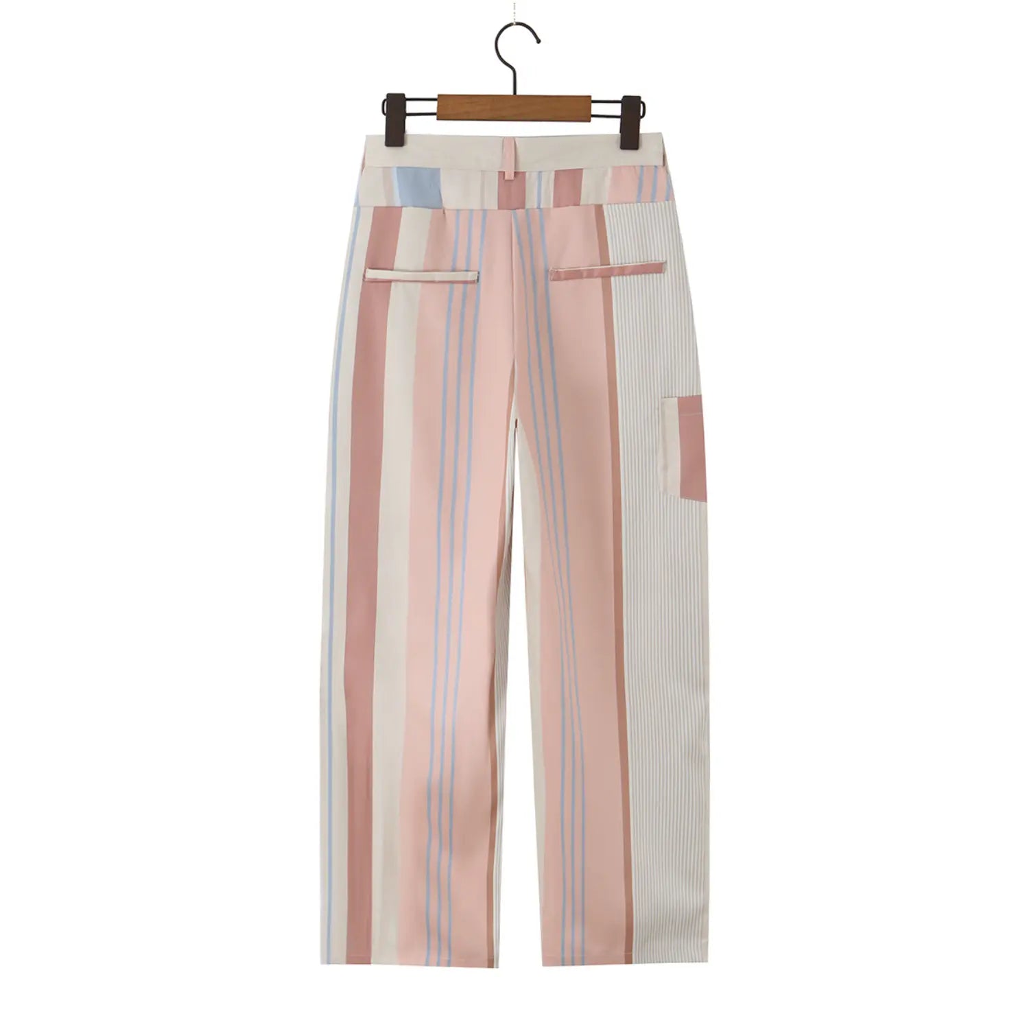 Hanging back detail photo of neutral striped wrap pants, rear double welt pockets and smooth drape twill fabric