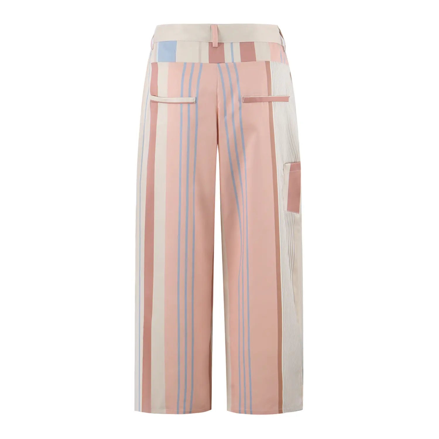 Full back flat lay view of pastel striped wrap wide leg pants, dual horizontal back welt pockets, matching vertical stripe woven fabric