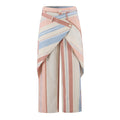 Flat front product shot of muted beige pink blue striped wrap overlay wide leg trousers, cross wrap diagonal flap with outer four-hole button, side cargo patch pocket