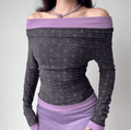 Women grey purple off shoulder paisley print ruched long sleeve crop top, contrast trim slim fit casual vintage fitted blouse