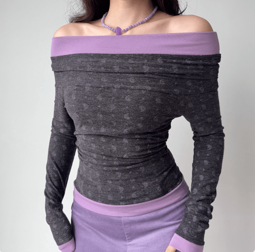 Women grey purple off shoulder paisley print ruched long sleeve crop top, contrast trim slim fit casual vintage fitted blouse