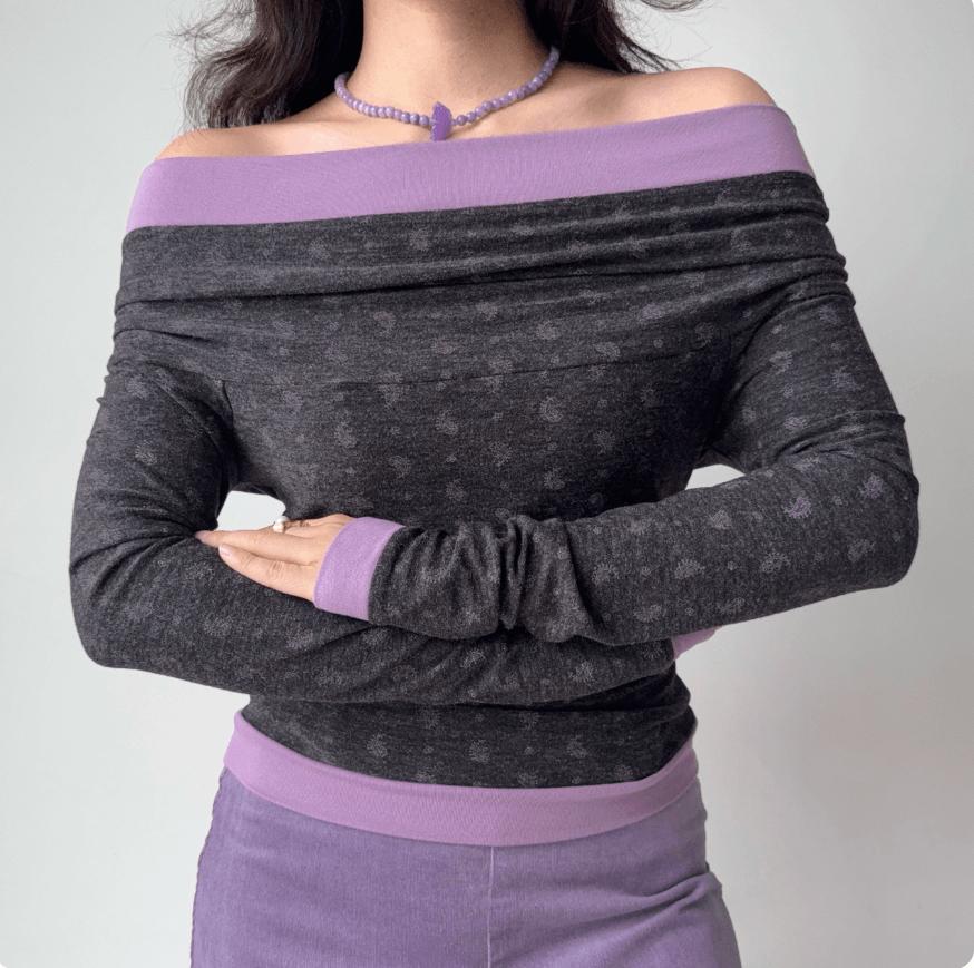 Women off shoulder grey paisley print long sleeve crop top, purple contrast trim ruched waist slim casual vintage top