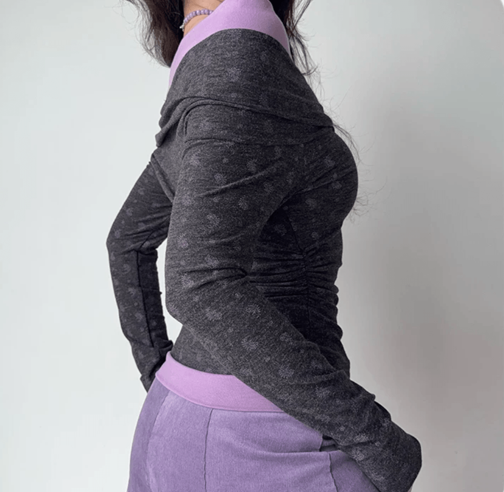 Side back view off shoulder paisley print long sleeve top, waist ruched contrast color trim slim fitted cropped blouse