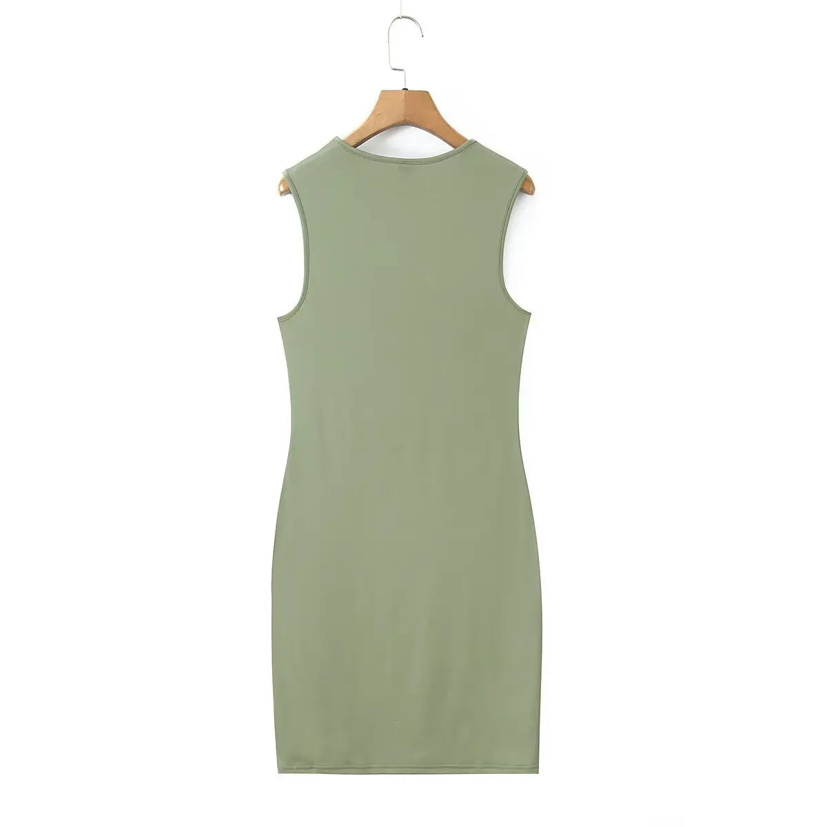 Back view of olive green sleeveless midi dress