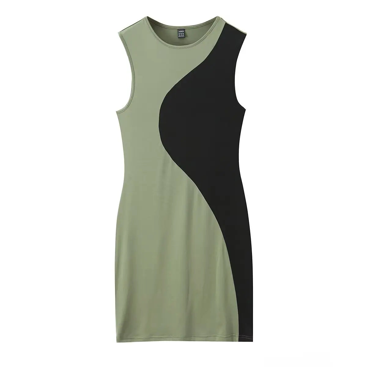 Full front view of olive green colorblock dress