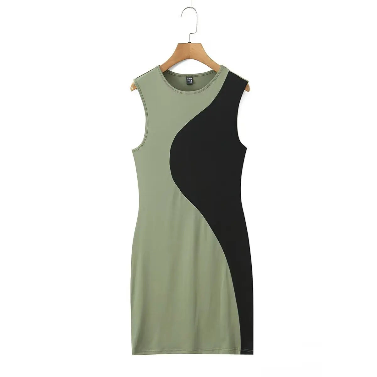 Olive green colorblock dress on wooden hanger