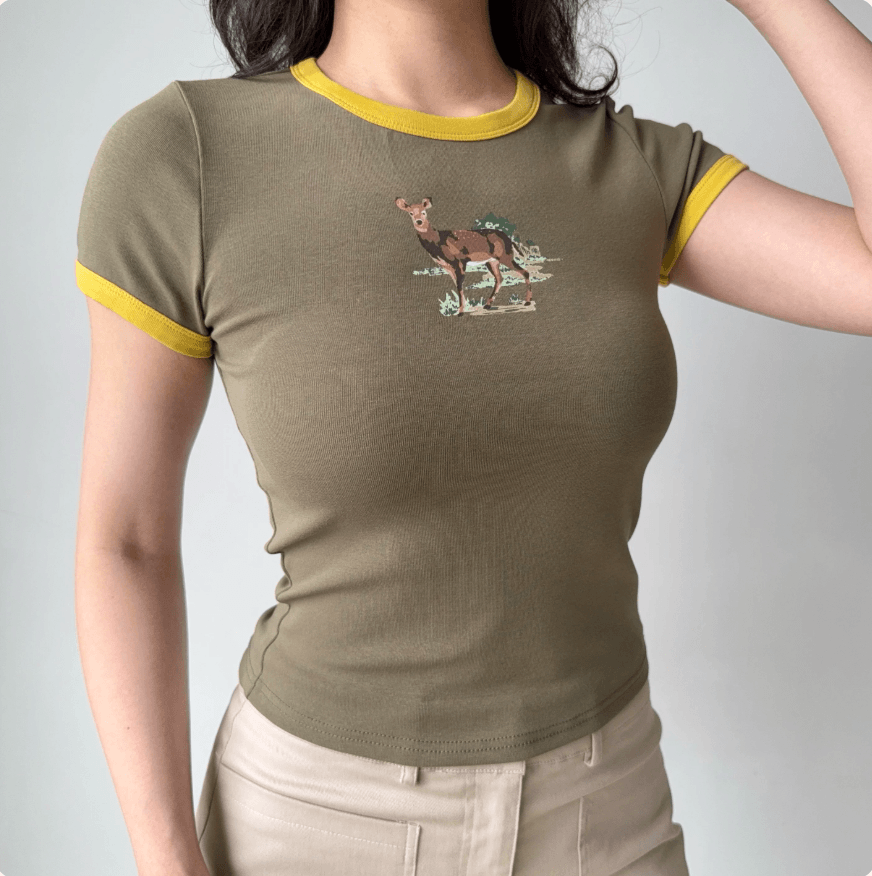 Front side view olive green yellow ringer neck deer print ribbed slim cropped baby tee casual vintage short sleeve top