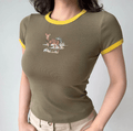 Full front olive green yellow contrast collar deer graphic ribbed slim cropped tee casual vintage fitted short sleeve top