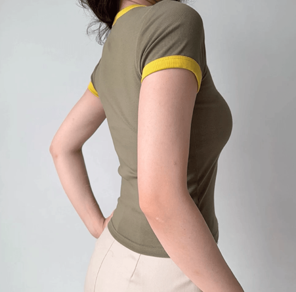 Side back view olive green yellow trim deer graphic ribbed cropped tee slim fitted casual vintage short sleeve top