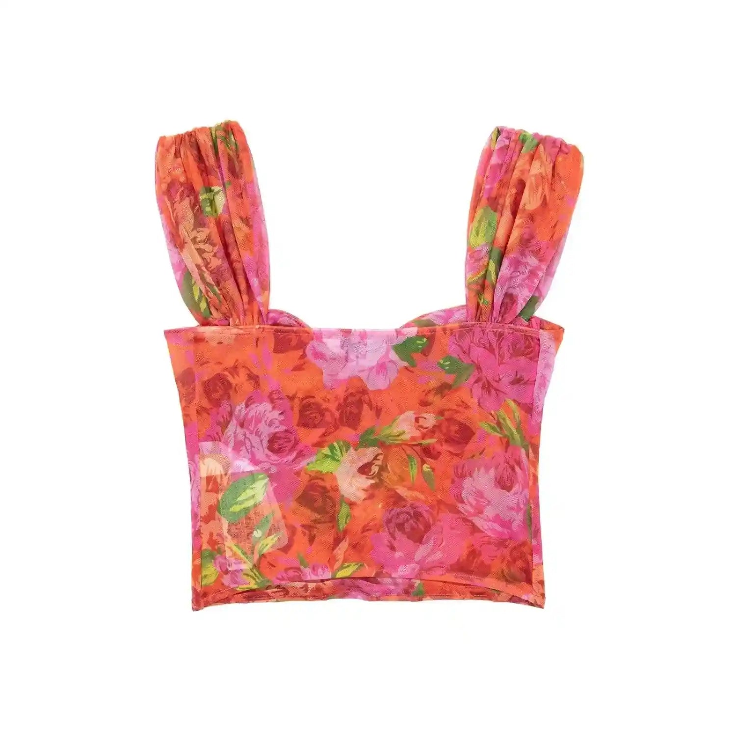 Orange pink rose floral print mesh corset crop top, flat lay back view