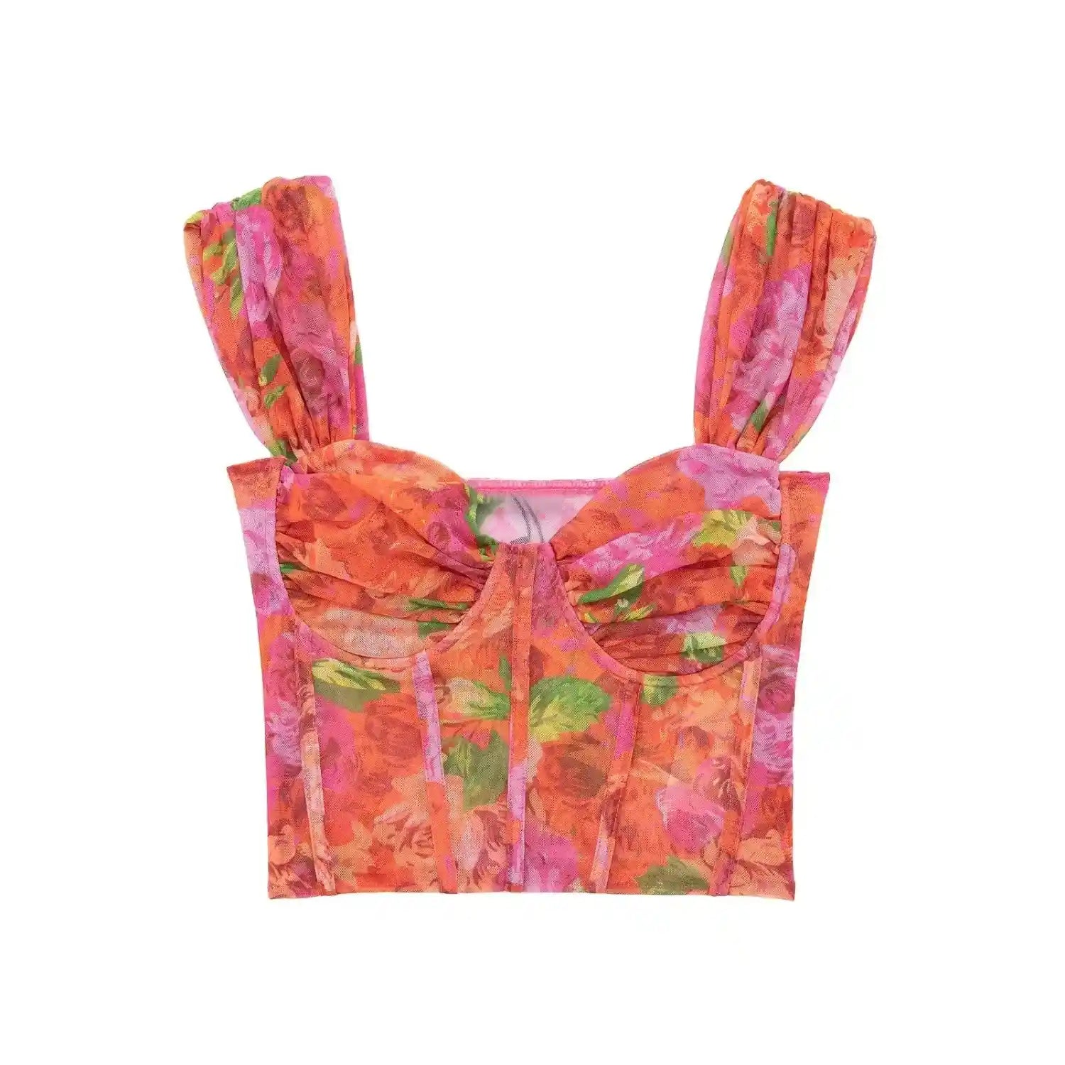 Orange pink rose floral print mesh corset crop top with bustier cups, flat lay front view