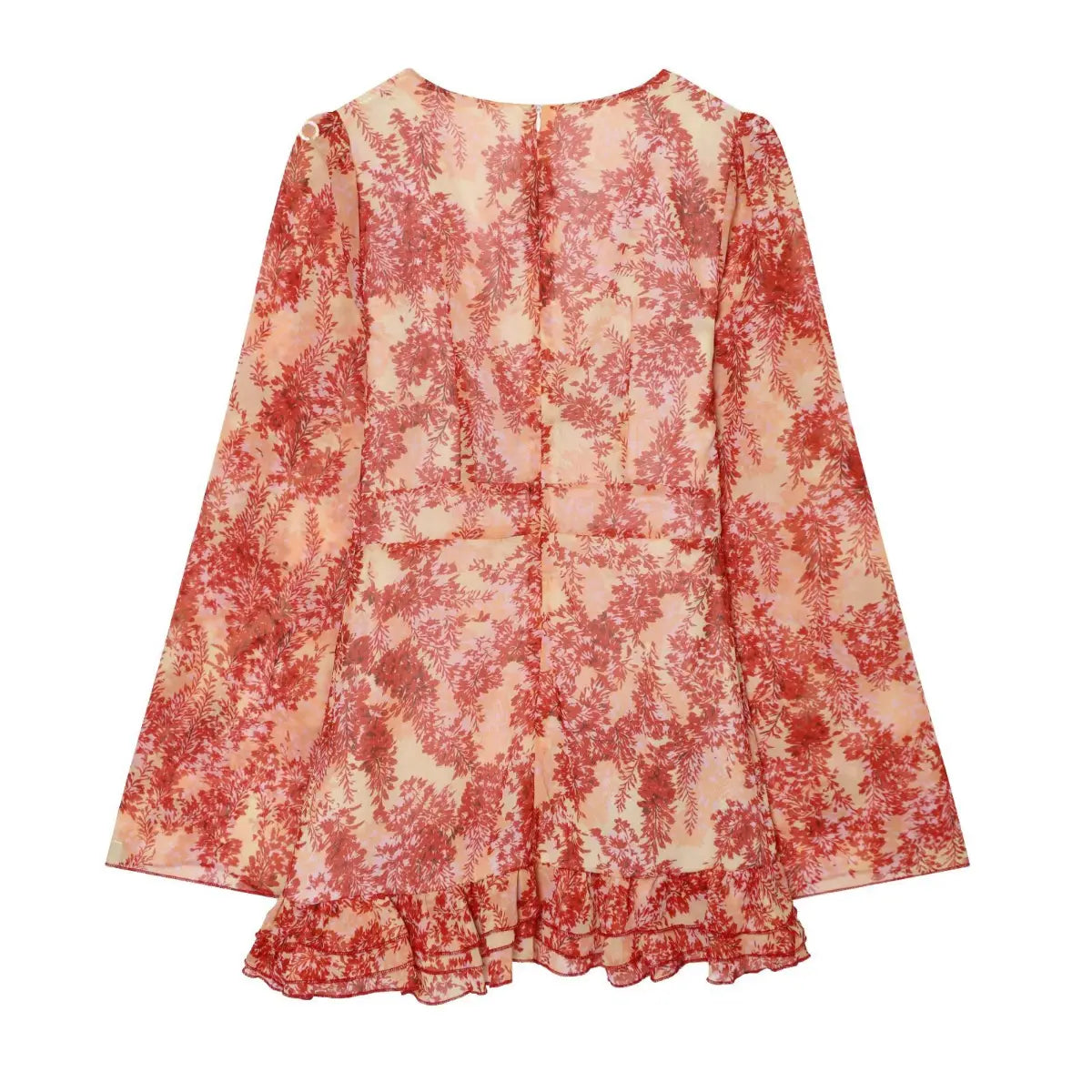 Back view of orange-red floral V-neck chiffon mini dress with ruffled hem
