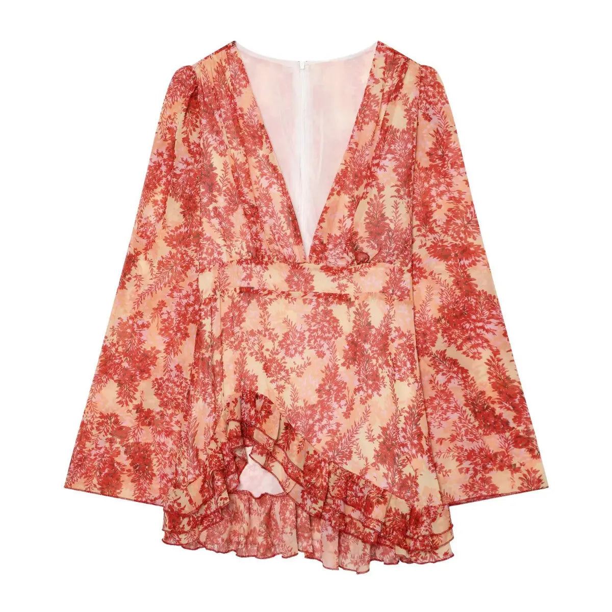 Front view of orange-red floral deep V-neck chiffon dress with long flared sleeves