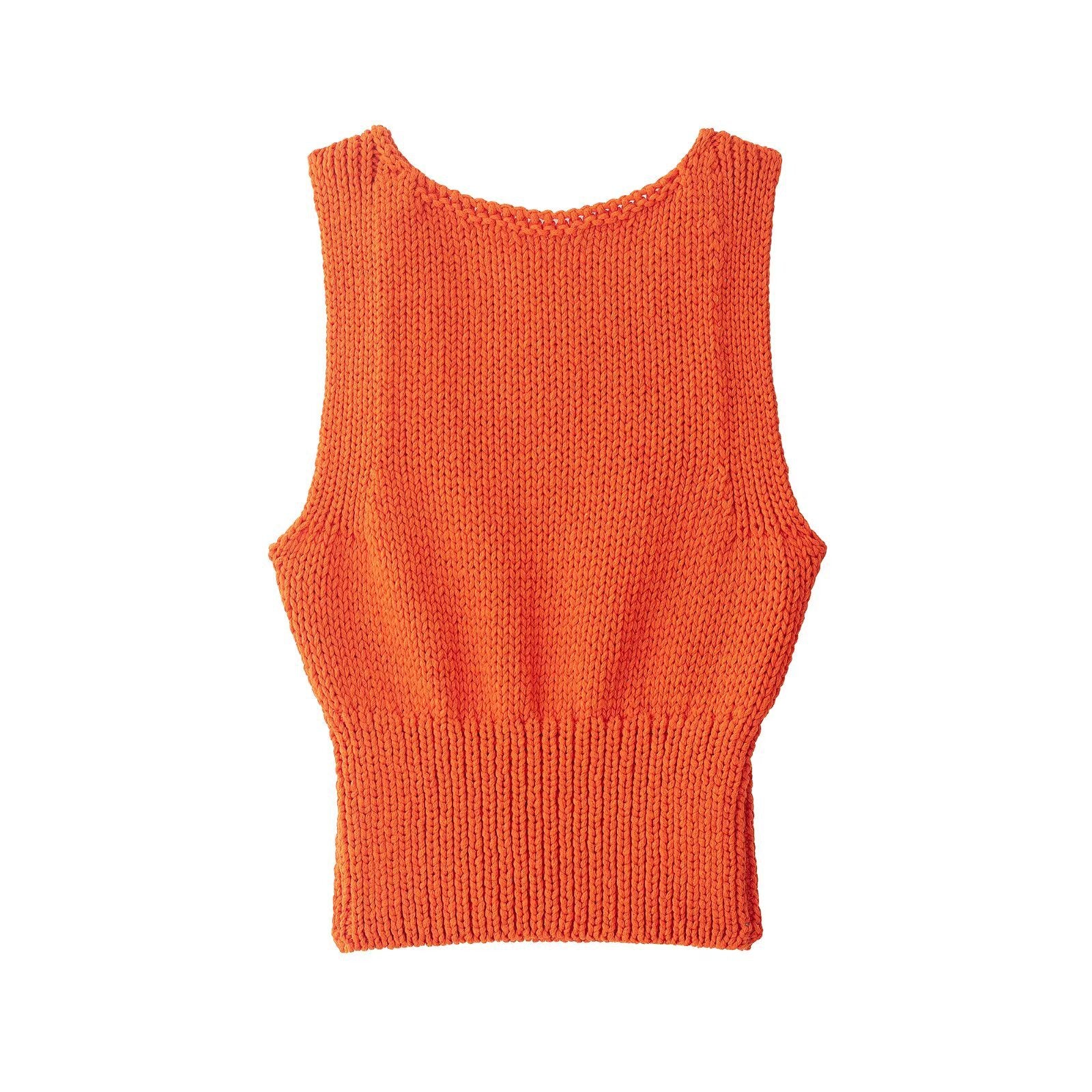 Women orange thick knit crew neck ribbed hem sleeveless slim fit crop tank top, basic casual summer vest blouse