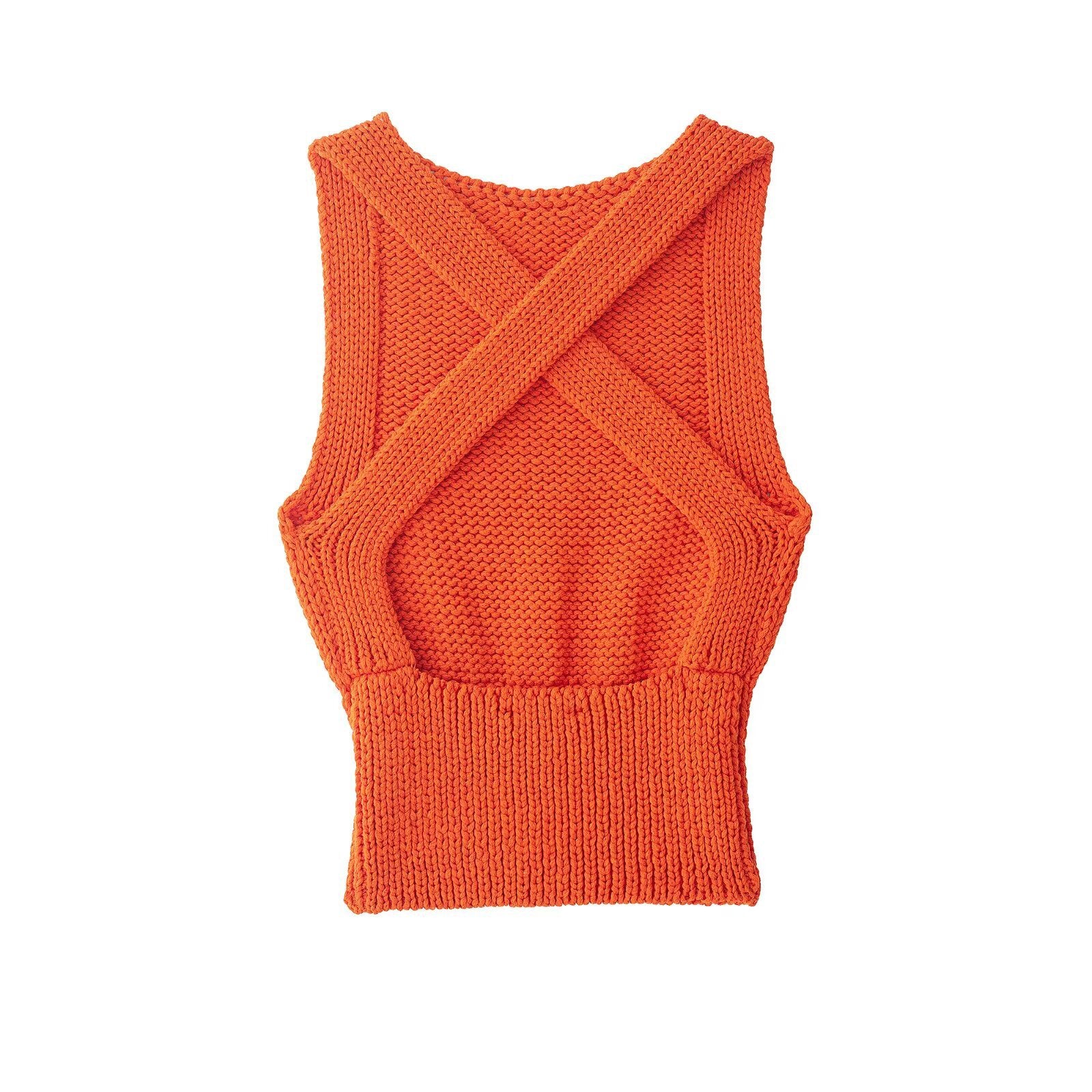 Back flat view orange thick knit crisscross cross back hollow cutout ribbed hem sleeveless crop tank top, chic casual summer vest