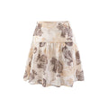 Front view of beige paisley print ruffled mini skirt