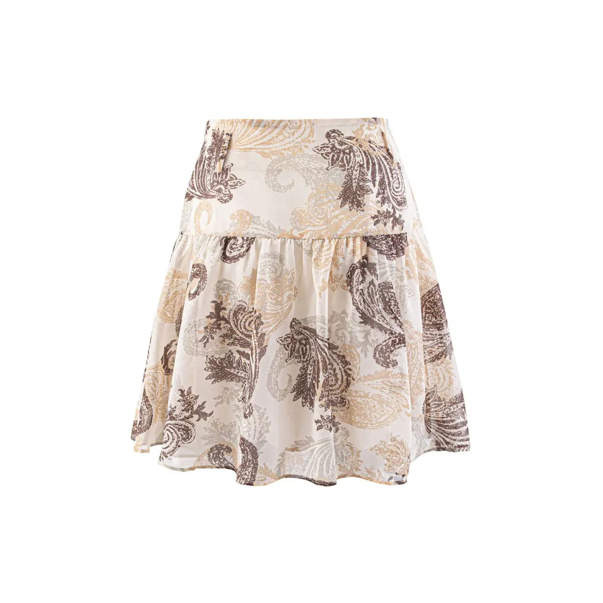 Front view of beige paisley print ruffled mini skirt