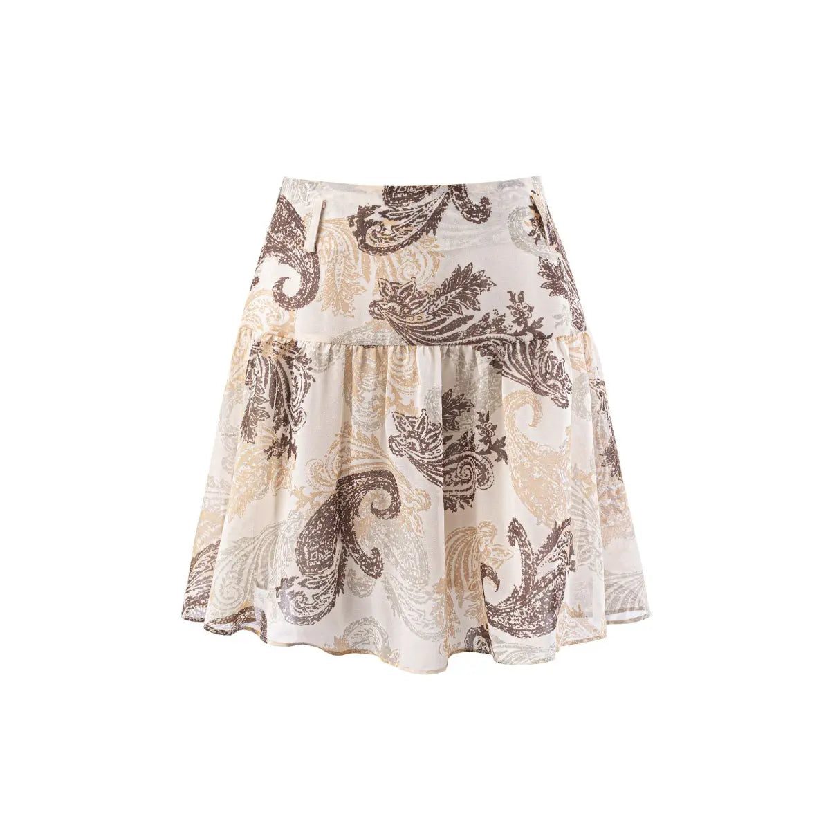 Front view of beige paisley print ruffled mini skirt, alternative angle
