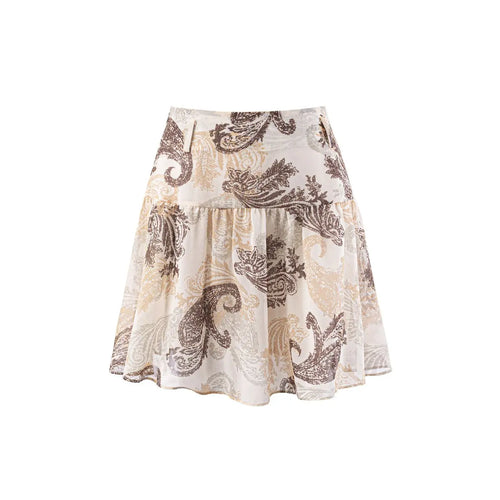Front view of beige paisley print ruffled mini skirt, alternative angle