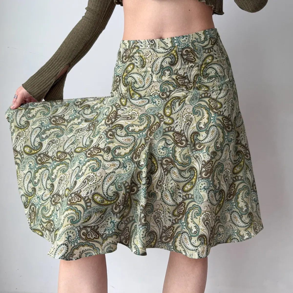 Paisley skirt fabric detail, showing print and flow
