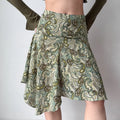 Side view of paisley print asymmetrical skirt