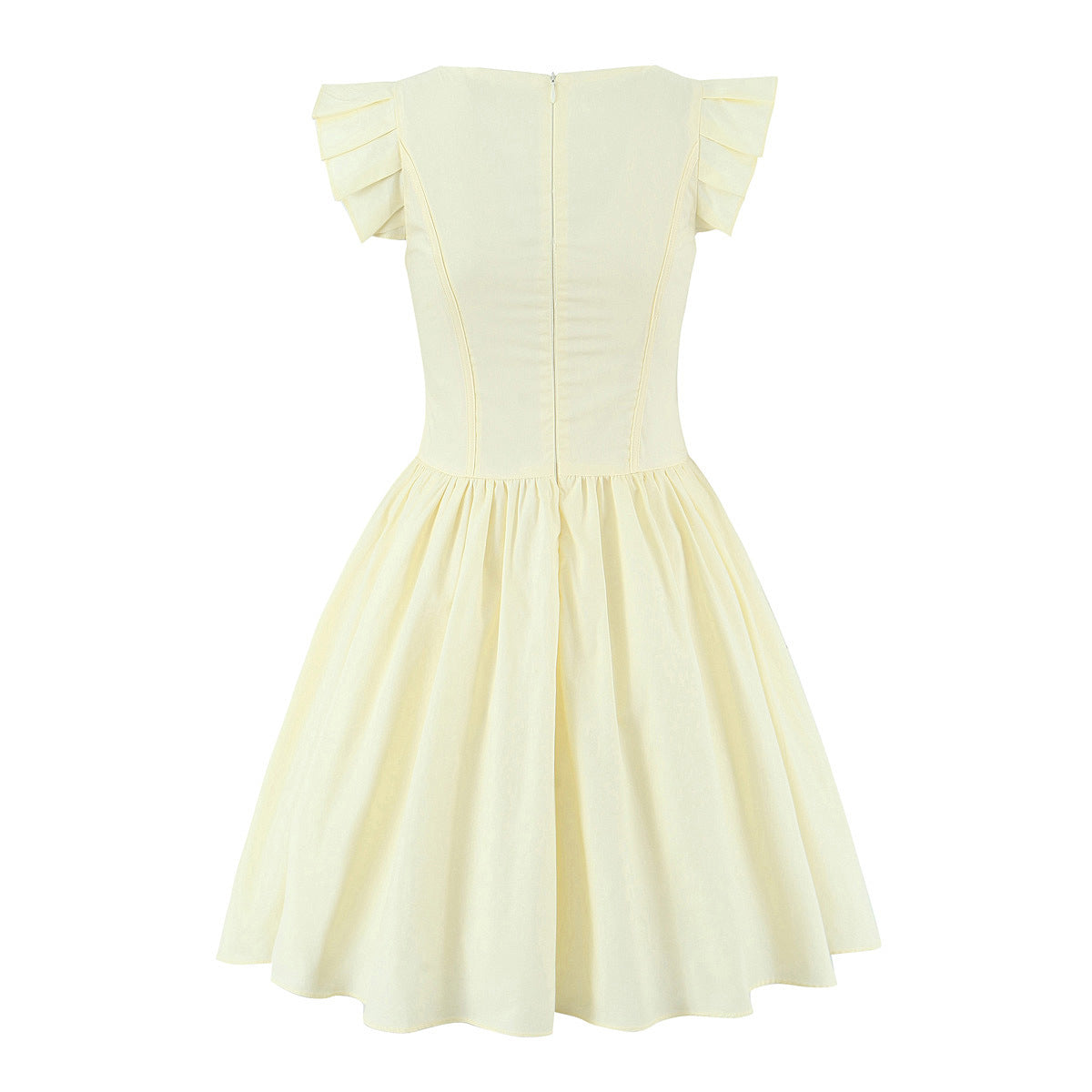 Back view of pale yellow corset-style mini dress with fitted bodice and flowy A-line skirt
