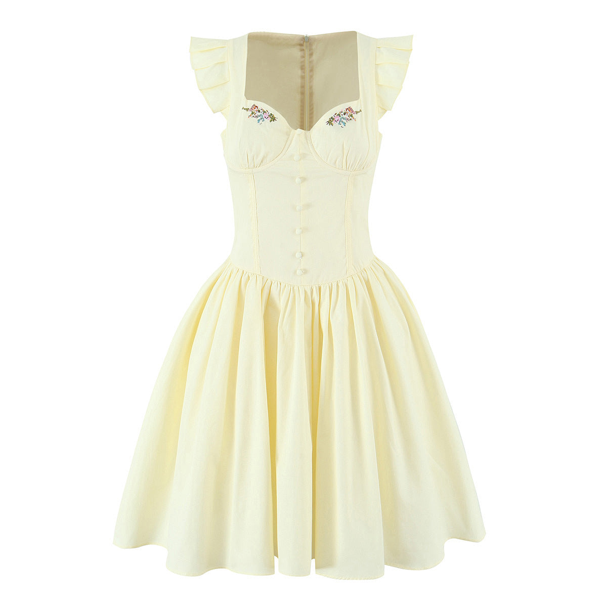 Front view of pale yellow corset-style mini dress with floral embroidery, button front and A-line skirt