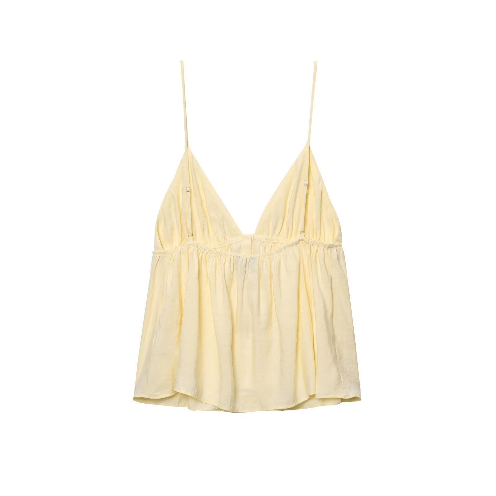 Back view of pale yellow cami top with flowy silhouette and gathered bust design
