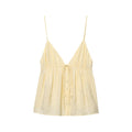 Front view of pale yellow cami top with spaghetti straps, gathered waist and button placket