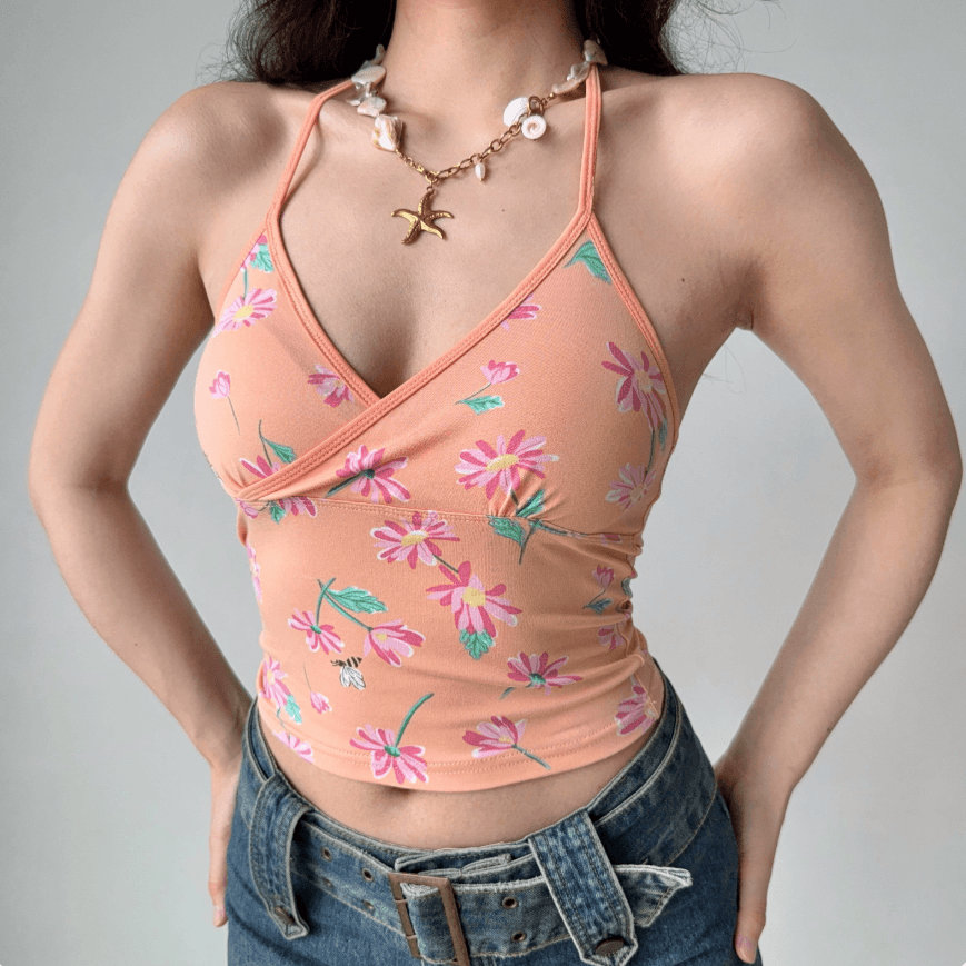 Front view peach orange tiny pink floral halter neck wrap crop cami top, slim ruched casual vintage beach vacation top