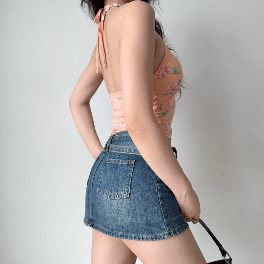 Side back view peach orange floral halter tie back crop cami top, waist ruched slim casual vintage beach camisole