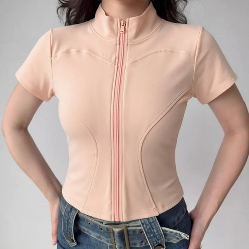 Peach color zip-up cropped t-shirt with stand collar and short sleeves