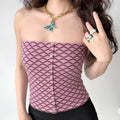 Model wearing pink brown wave knit strapless bustier top with button front, cropped textured tube top