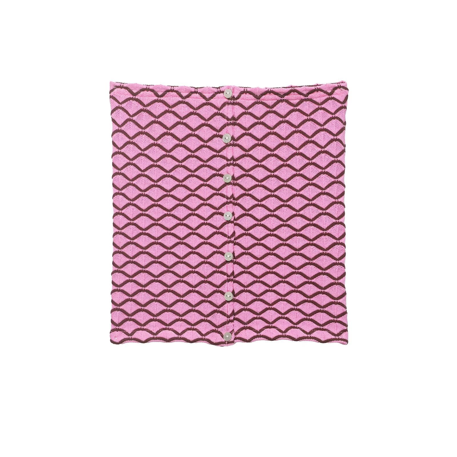 Front view of pink textured strapless bustier
