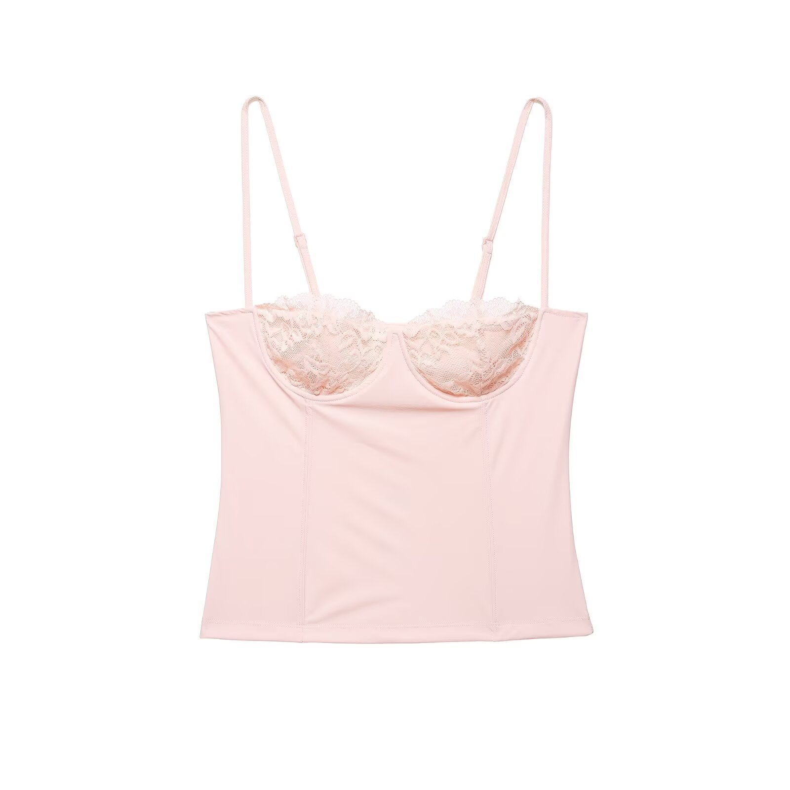 Front studio shot of pink lace corset cami