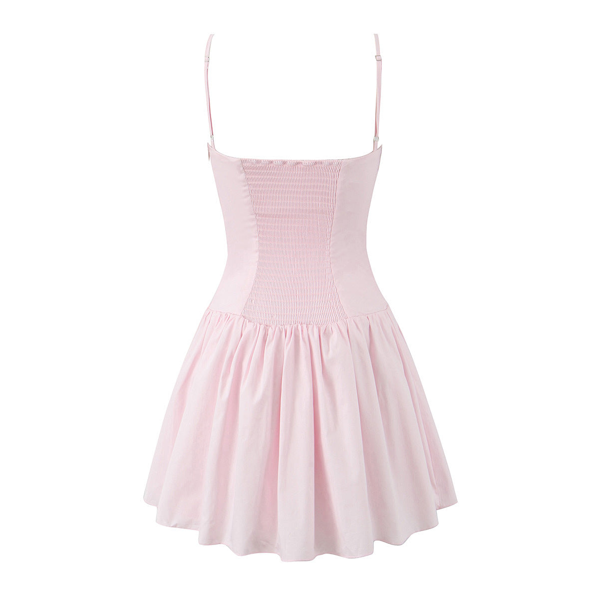 Back view pink spaghetti strap smocked back high waist ruffle hem mini sundress, elegant romantic cotton party dress