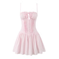 Flat front view pink square neck cami strap corset button tie ruffle swing mini dress, 100% cotton elegant romantic casual party sundress