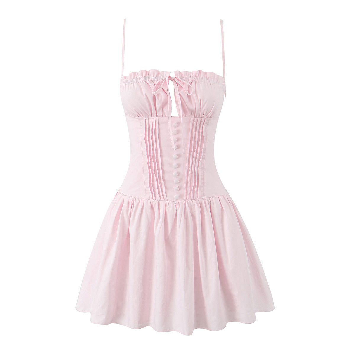Flat front view pink square neck cami strap corset button tie ruffle swing mini dress, 100% cotton elegant romantic casual party sundress