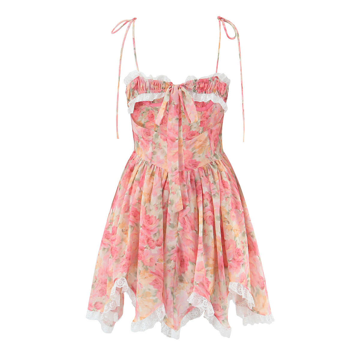 Back flat view pink floral print lace-trim tie-strap asymmetrical hem mini dress, romantic feminine party outfit