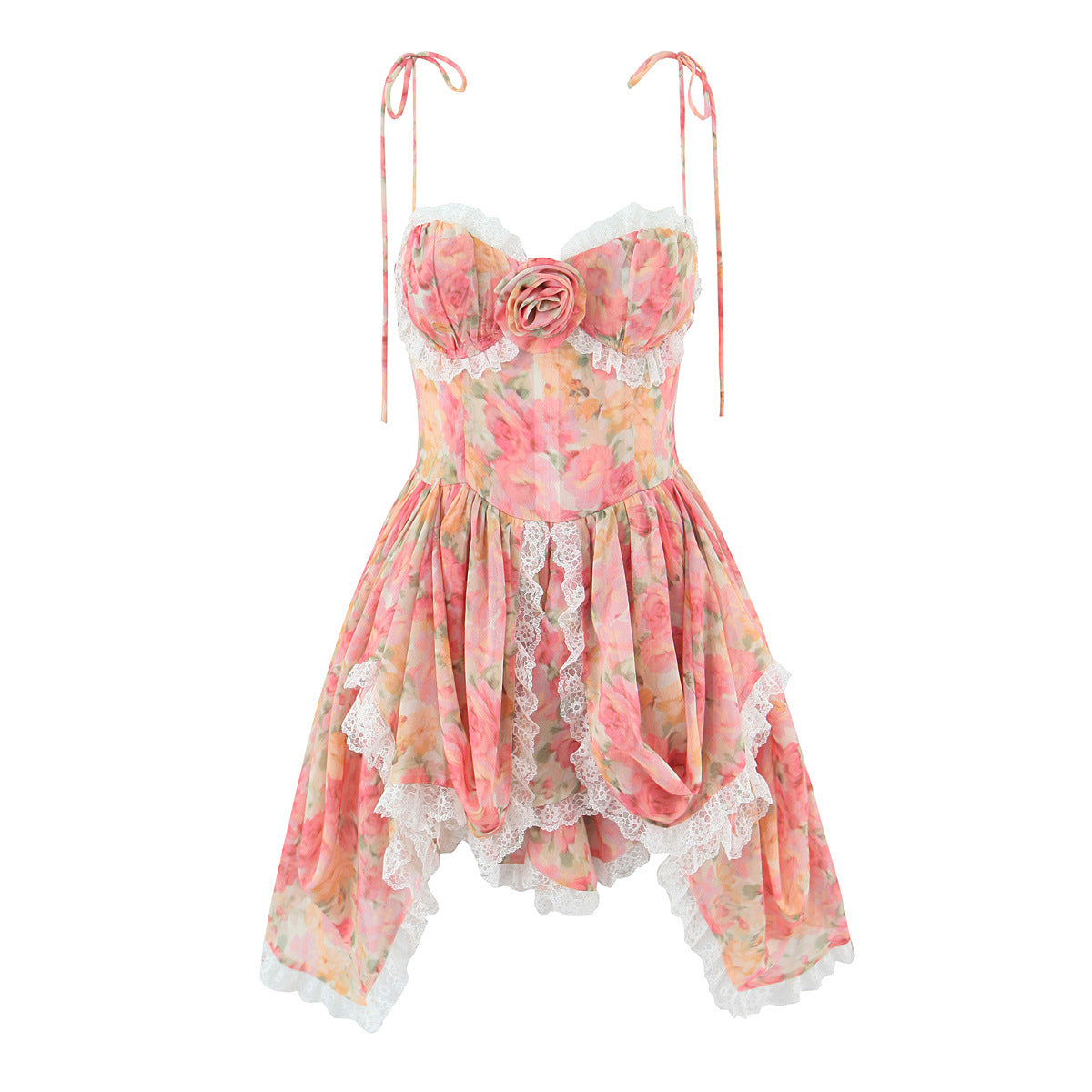 Front flat view pink floral print lace-trim tie-strap bustier mini dress with rose detail, women's romantic summer dress