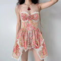 Front flat view pink floral print lace-trim tie-strap bustier mini dress with rose detail, women's romantic summer dress