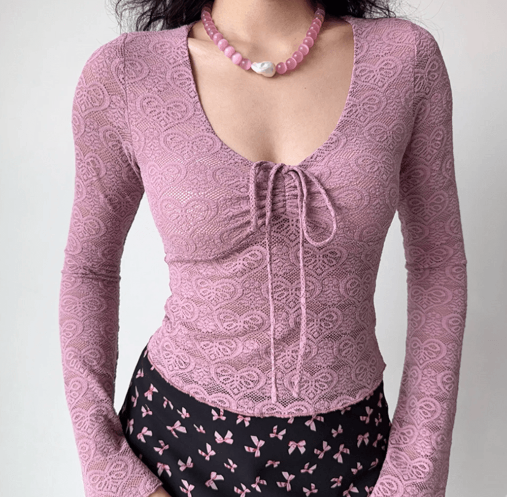 Women dusty pink hollow out lace floral V neck tie front ruched long sleeve slim crop top, elegant vintage see through blouse
