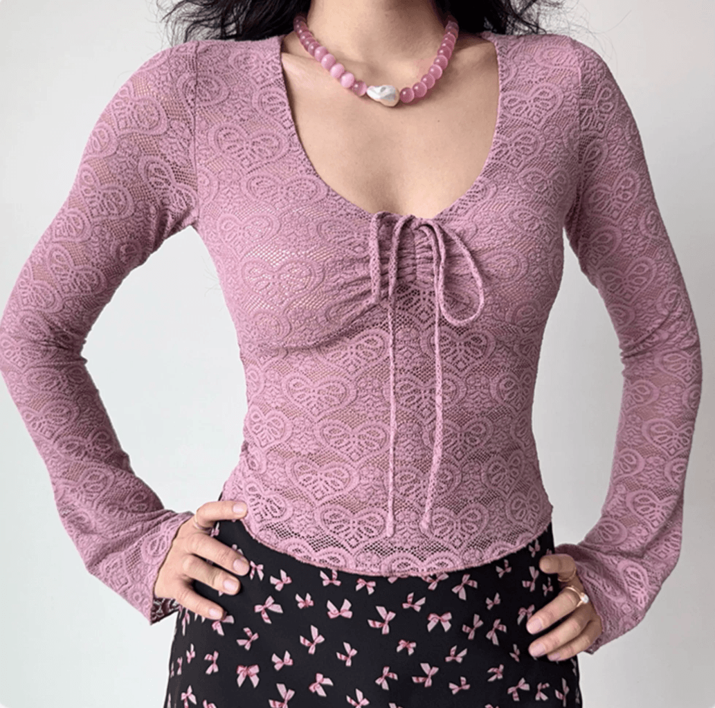 Full front view pink hollow lace floral V neck tie front long sleeve crop top, ruched bust slim elegant vintage fitted blouse