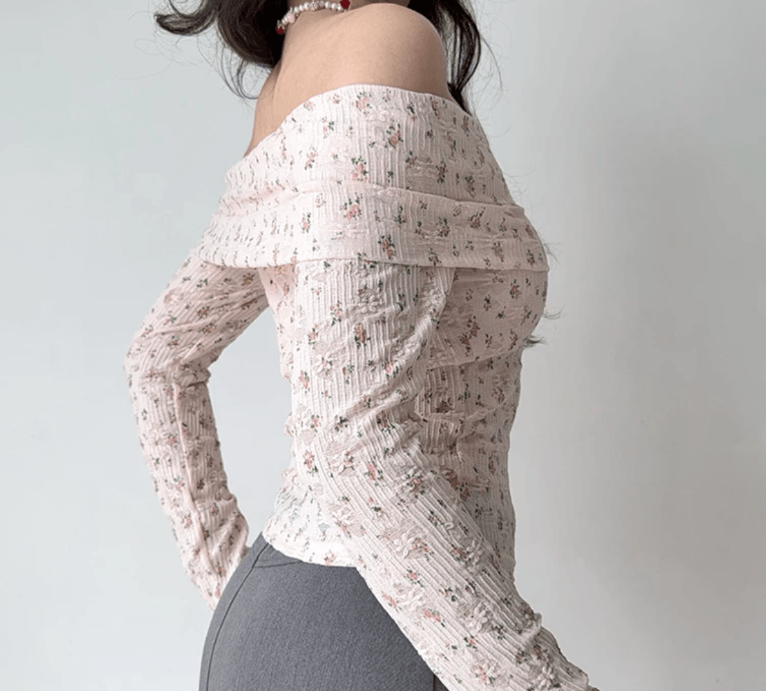 Side back view pink floral off shoulder long sleeve crop top, fold collar ribbed knit slim elegant casual fitted blouse